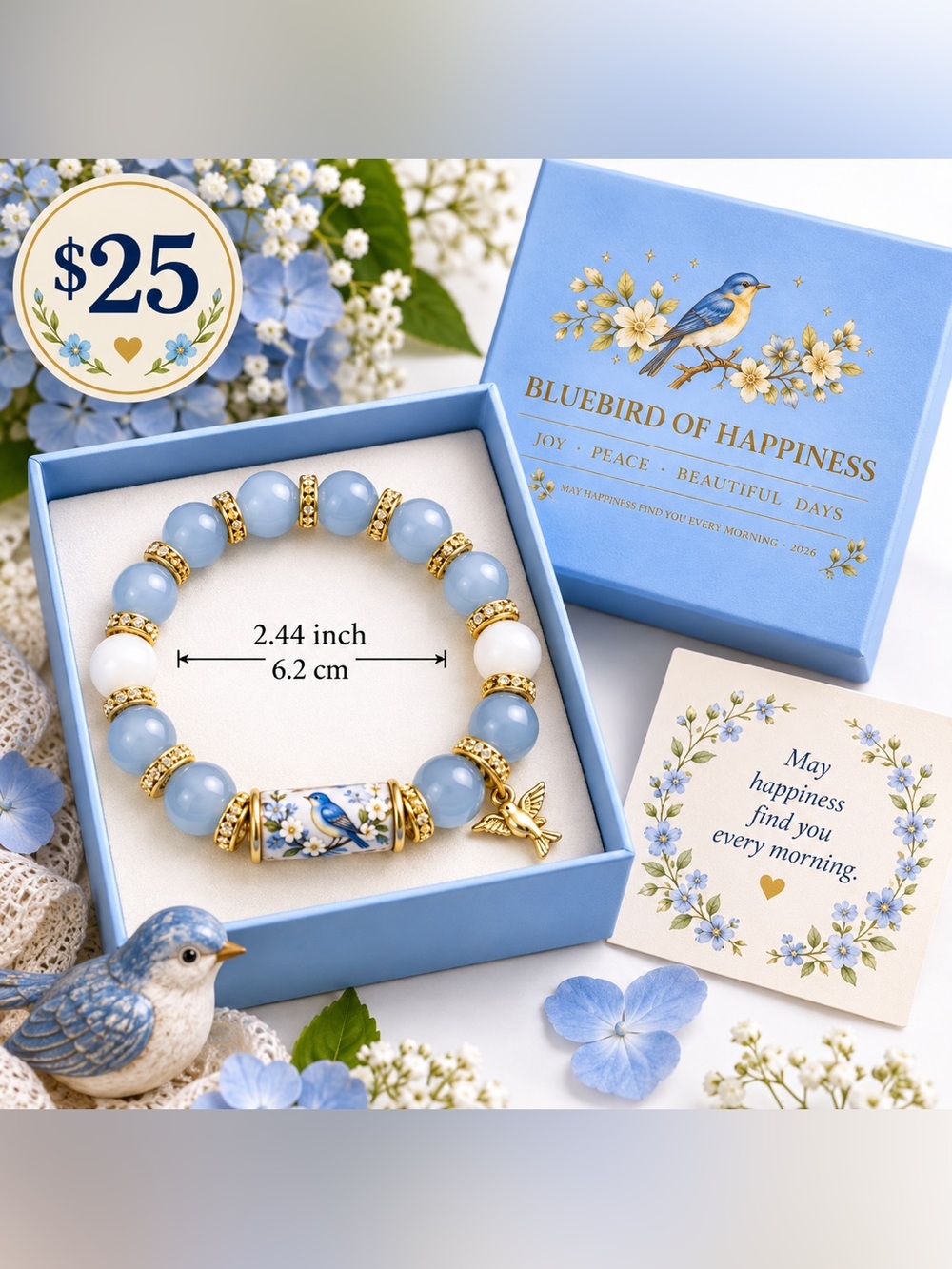 Bluebird Ceramic Bead Bracelet - Blue and White Women’s Jewelry